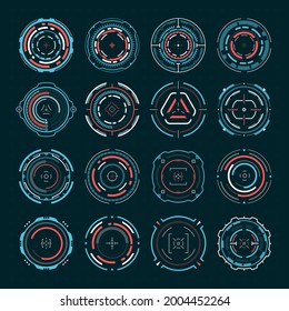 Futuristic Targets. Sci-fi Sniper Scope Optical Aim, Military Shooting Sight. Digital Hud Crosshair Target, High Tech Aiming Mark Vector Set. Weapon Focus, Viewfinder And Objectives