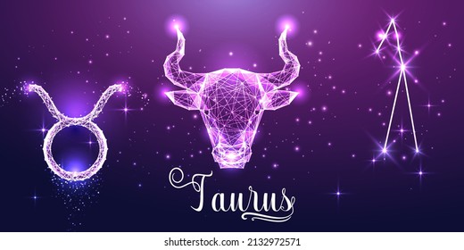 Futuristic Taurus zodiac sign on dark purple background. Glowing low polygonal design vector. 