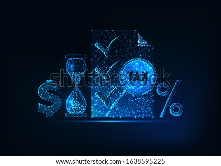 Futuristic Tax report preparation time  concept with glowing low polygonal document, hourglass, dollar and percentage signs on dark blue background. Modern wire frame mesh design vector illustration.