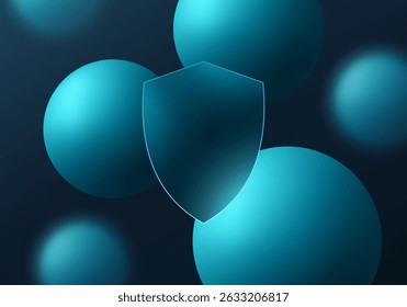 Futuristic teal shield with glowing 3D spheres on dark background
