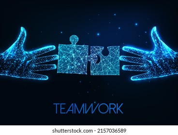 Futuristic teamwork, problem solution concept with glowing two human hands and puzzle pieces 