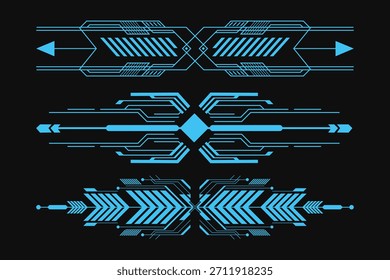 Flechas futuristas de tecnología y Elementos de línea cibernética: gráficos direccionales de ciencia ficción azul neón, flechas de circuitos digitales y detalles de interfaz de alta tecnología sobre fondo oscuro