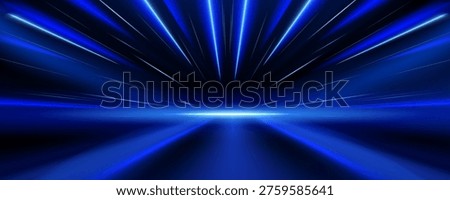 Futuristic tech background with blue light lines on black. Vector realistic illustration of neon laser beams perspective, virtual world effect, star burst on horizon, space game design, data network