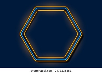 Futuristic tech background with blue yellow glowing neon hexagonal frame. Technology vector geometric design