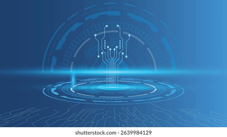 Futuristic tech background featuring glowing circuit lines, circular digital interface, and blue gradient, ideal for innovation, computing, and AI-related digital projects