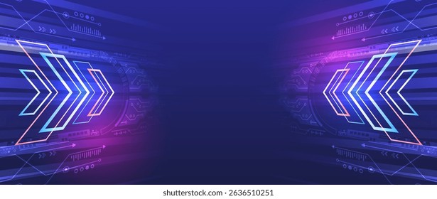 Futuristic tech background with glowing arrows, digital schemes and neon gradient colors. Perfect for innovation, tech presentations and modern presentations and banners.