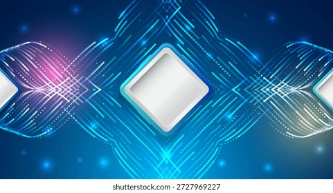 Fondo tecnológico futurista con un chip brillante en forma de diamante y líneas digitales fluidas, que simbolizan flujos de datos, inteligencia artificial, innovación y redes de computación de alta velocidad.