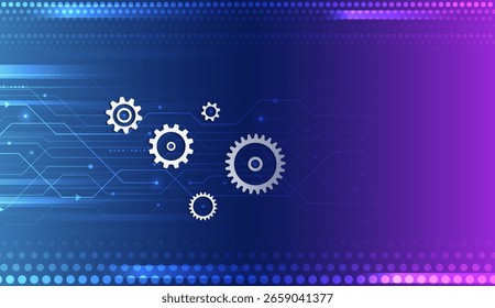 Fondo de tecnología futurista con engranajes brillantes, Elementos digitales y líneas de neón brillantes. Perfecto para proyectos relacionados con la innovación, la ingeniería o la automatización. Para Anuncio y presentación de alta tecnología.