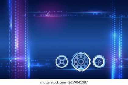Fondo de tecnología futurista con engranajes brillantes, Elementos digitales y líneas de neón brillantes. Perfecto para proyectos relacionados con la innovación, la ingeniería o la automatización. Para Anuncio y presentación de alta tecnología.