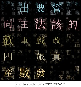 Futuristic tech background. Random characters of Chinese Traditional Alphabet. Gradient pattern. Soft yellow, green, pink color theme backgrounds. Tileable horizontally.