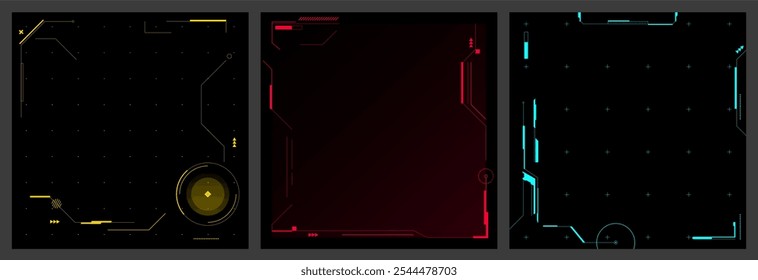 Fondos tecnológicos futuristas. Fondo cibernético Abstractas Video, cuadrado de interfaz digital de ciencia ficción, interfaz de usuario de alta tecnología con marcos geométricos para el diseño del menú del juego. Conjunto de Vector.