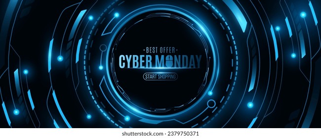 Futuristic tech banner for Cyber Monday sale. Technological glowing HUD circle into cyberspace. Template for business promotion. Vector illustration. EPS 10.