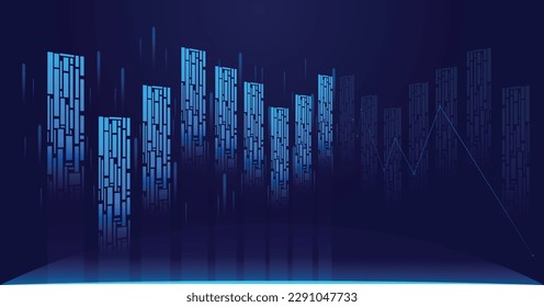 Futuristic tech candle bar graph stock exchange. Trading business background with stick candles. Wallpaper for crypto currency showing analytics or statistics for investment.Digital economy pitch deck