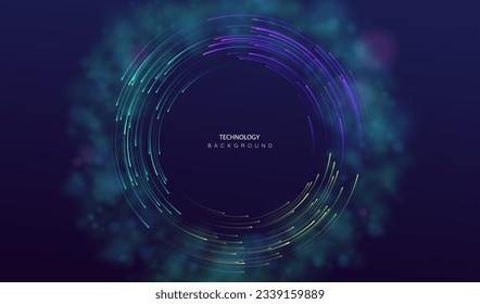 Futuristic tech circle glowing abstract background. Neon particles line network design. Dynamic digital technology and science vector.