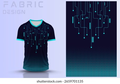 Fondo de jersey futurista estilo circuito de tecnología en tonos azul neón y azul marino. Perfecto para deportes electrónicos, moda digital o diseño de Vector de desgaste atlético.
