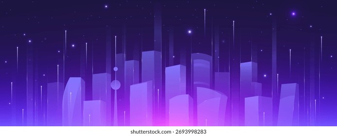 Paisagem urbana tecnológica futurista com fluxos de dados de IA e edifícios roxos brilhantes para visualização digital. Linhas verticais de néon com estrelas na rede urbana inteligente. Plano de fundo moderno para apresentação.