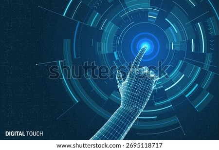 Futuristic tech concept with digital hand and finger touch on glowing button interface. Abstract vector design of virtual screen, data connection, and communication system. Blue technology background