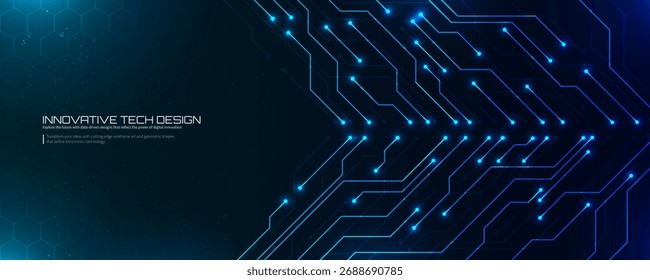 Futuristic tech design with glowing blue circuit lines and data flow. High-tech digital network abstract background for AI, data analysis, and software development.