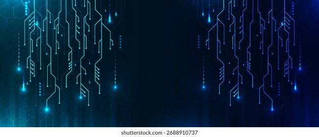Futuristic tech design with glowing circuit lines, blue neon effects, and data flow. Abstract digital technology, AI, and computer network background. Vector illustration.