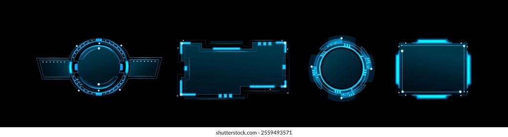 Futuristic tech game ui frames with glowing neon blue line on black background. User interfaces gaming overlays or sci fi visual hud elements. Circular and rectangular borders with digital details.