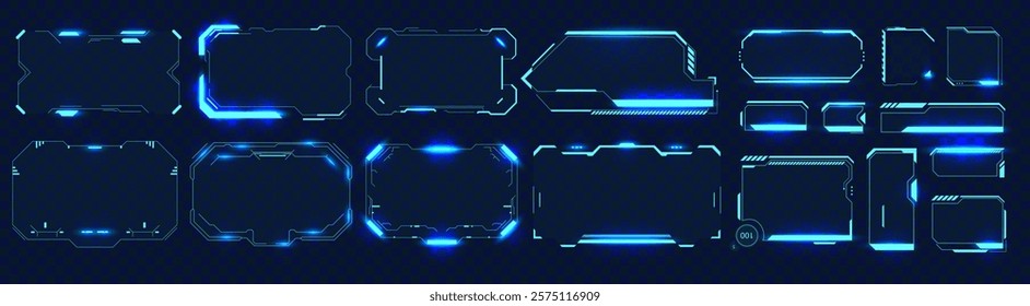 Futuristic tech game ui,gui,fui frames with glowing neon blue line on black background. User interfaces gaming overlays or sci fi visual hud elements. Vector illustration