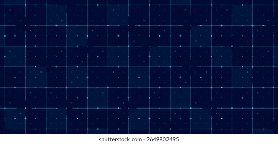 Futuristic tech grid with blue digital mesh. Abstract HUD interface features wireframe pattern, crosslines and virtual data. Sci fi vector template with cyber UI elements and modern infographic style