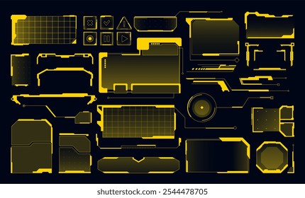 Elementos de interface de HUD de tecnologia futurista. Painéis de controle digitais, quadros de interface de usuário cibernética, botões digitais, barra de texto explicativo, telas de Ficção Científica com padrões de grade e conjunto de vetor de quadro de janela de mensagem do painel.