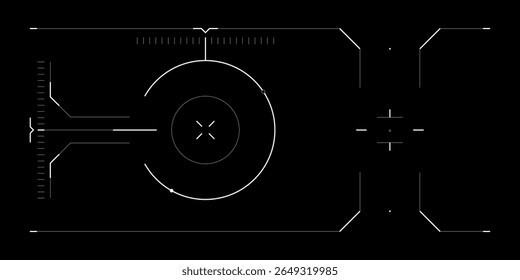 Sobreposição de HUD de tecnologia futurista com interface de usuário digital para drone ou interface de ficção científica. Layout de tela cyberpunk com radar, retículo, dados de falha e visualização FPV. Fundo preto com elementos holográficos.