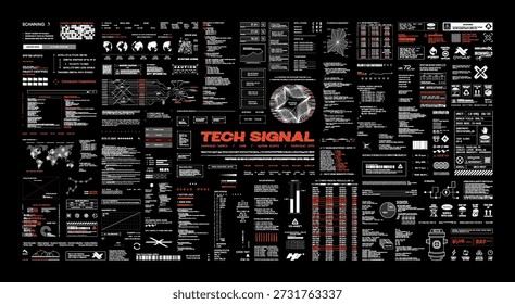 Futuristic tech HUD signal interface with System Alerts, infographics, code. Futuristic Sci-fi dashboard template with HUD, UI, UX, Kit elements. Сode, data, text, indicators. Cyberpunk vector set