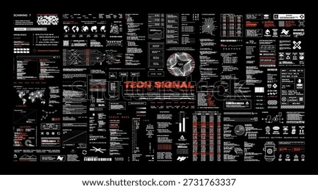 Futuristic tech HUD signal interface with System Alerts, infographics, code. Futuristic Sci-fi dashboard template with HUD, UI, UX, Kit elements. Сode, data, text, indicators. Cyberpunk vector set