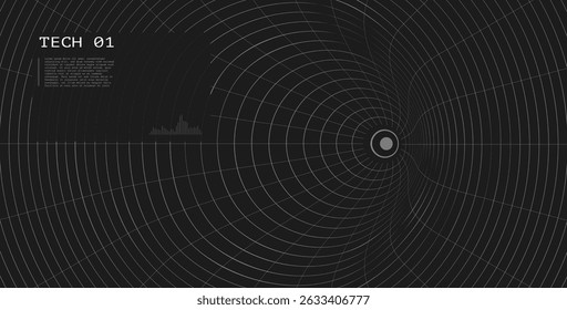 Futuristic tech HUD with warped circular grid and target center. Digital sci fi user interface on dark background. VR display, radar system, or spaceship dashboard