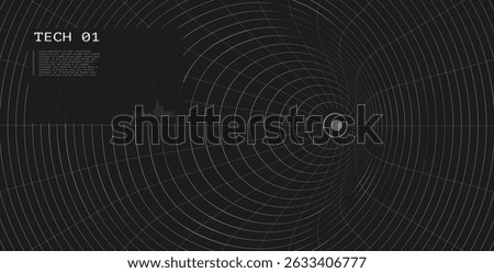 Futuristic tech HUD with warped circular grid and target center. Digital sci fi user interface on dark background. VR display, radar system, or spaceship dashboard