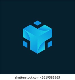 Futuristic Tech Logo with Abstract Blue Cube and Surrounding Elements
