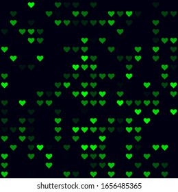 Futuristic tech pattern. Sparse pattern of hearts. Green colored seamless background. Amazing vector illustration.