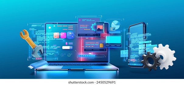 Concepto de reparación de tecnología futurista con portátil, smartphone y herramientas. Vibrante con interfaz de usuario digital, interfaces UX a través de dispositivos con llave flotante y engranajes, simbolizando el mantenimiento de la tecnología.