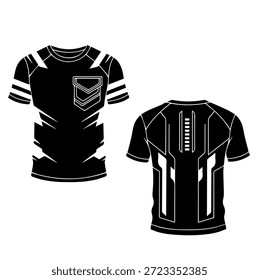 Diseño de camiseta negro de estilo tecnológico futurista con Ilustración vectorial de silueta de bolsillo para gaming eSports jersey y ropa deportiva
