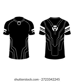 Futuristische Tech tragen T-Shirt-Design mit kreisförmigen Brust Detail und geometrische Linie Muster Silhouette Vektorgrafik für moderne Bekleidung