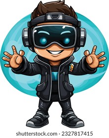 A futuristic tech-guy mascot wearing VR goggles, depicted in a cartoon style, with a sleek and modern design