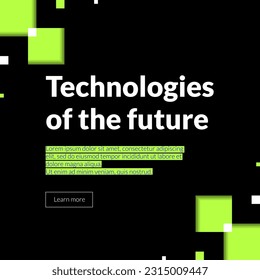 Futuristic and technical design with a modern geometric background in black and neon green. It's perfect for flyers, covers, banners. Technology banner with mosaic glitch pixel noise effect.
