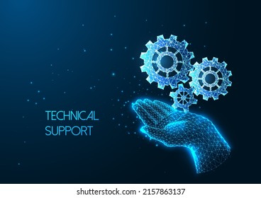 Futuristic technical support concept with glowing low polygonal hand holding gears, cogs 