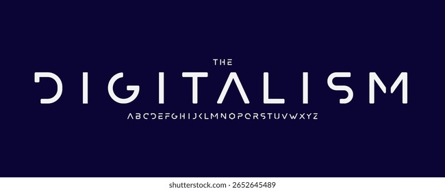 Fonte digital techno futurista com face de tipo geométrica limpa. Alfabeto minimalista Cyberpunk para branding ciência, jogos, UI, UX, design tecnológico. Letras maiúsculas para título de exibição. Ilustração vetorial.