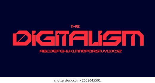 Fonte do logotipo futurista techno, alfabeto angular de ficção científica. Negrito tipo geométrico para manchete digital, interface cyberpunk, HUD robótico, esporte, design de jogos de interface, marca de tecnologia futura. Tipografia vetorial