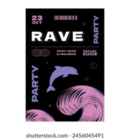 A futuristic techno poster for a rave party. A design template with a silhouette of a dolphin jumping into the waves.