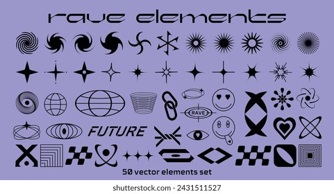 Futuristic techno rave vector elements set, brutalist collection, Different types of abstract geometric shapes and forms bundle, y2k 90s groovy retro icons kit for banners, posters, events, stickers