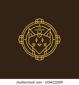 futuristic techno style cat face circle logo emblem badge in monoline
