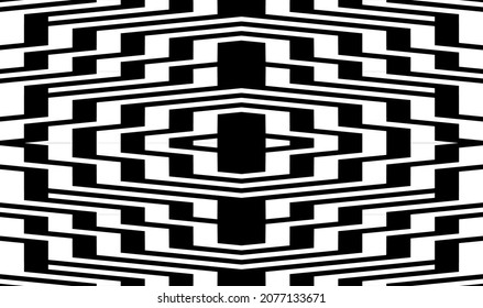 Futuristic technologic background by elements of hexagon. Black white striped seamless pattern. Op art, optical illusion. Vector texture.