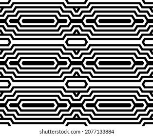Futuristic technologic background by elements of hexagon. Black white striped seamless pattern. Op art, optical illusion. Vector texture.