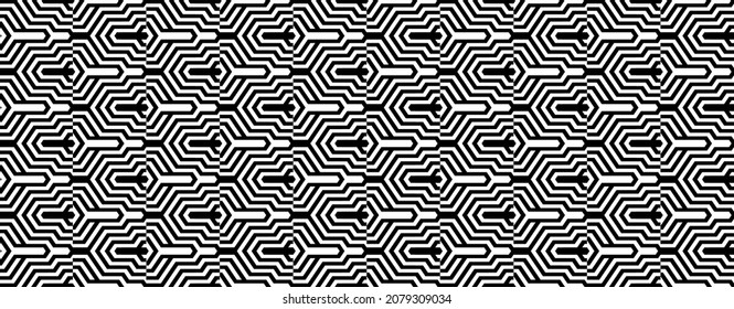 Futuristic technologic background by elements of hexagon. Black white striped seamless pattern. Op art, optical illusion. Vector texture.