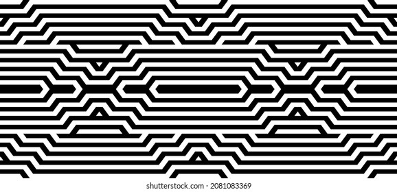 Futuristische technologische Hintergrund durch Elemente von Hexagon. Schwarzweiß gestreiftes nahtloses Muster. Op Art, optische Täuschung. Vektorstruktur.