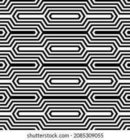 Futuristic technologic background by elements of hexagon. Black white striped seamless pattern. Op art, optical illusion. Vector texture.